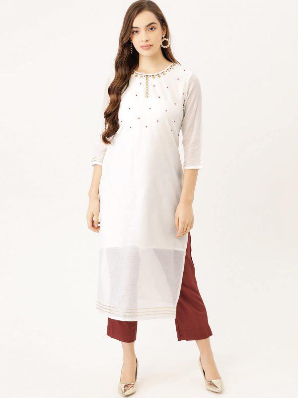 White Chanderi Kurta With Trouser