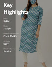 Pure Cotton Handwork Blue Straight Kurta (W1153)