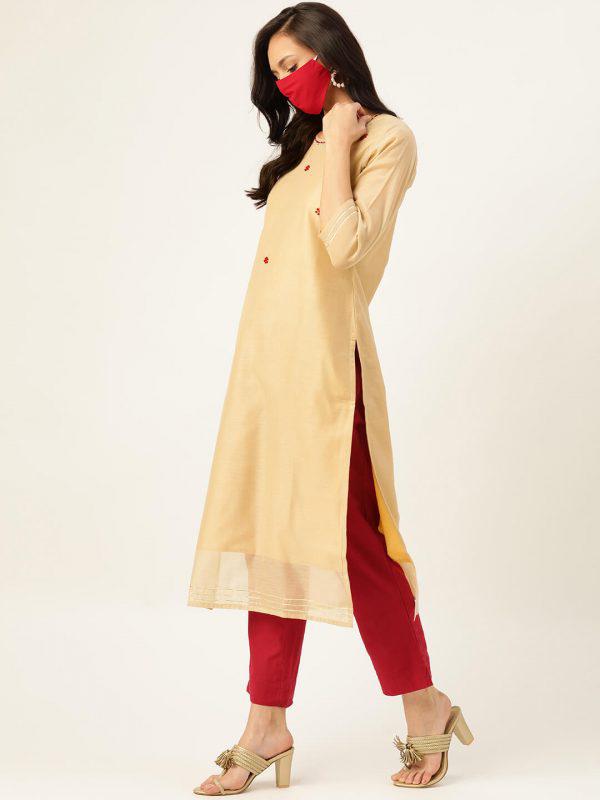 Pure Cotton Chanderi Ethnic Beige Kurta With Trouser (W1155)