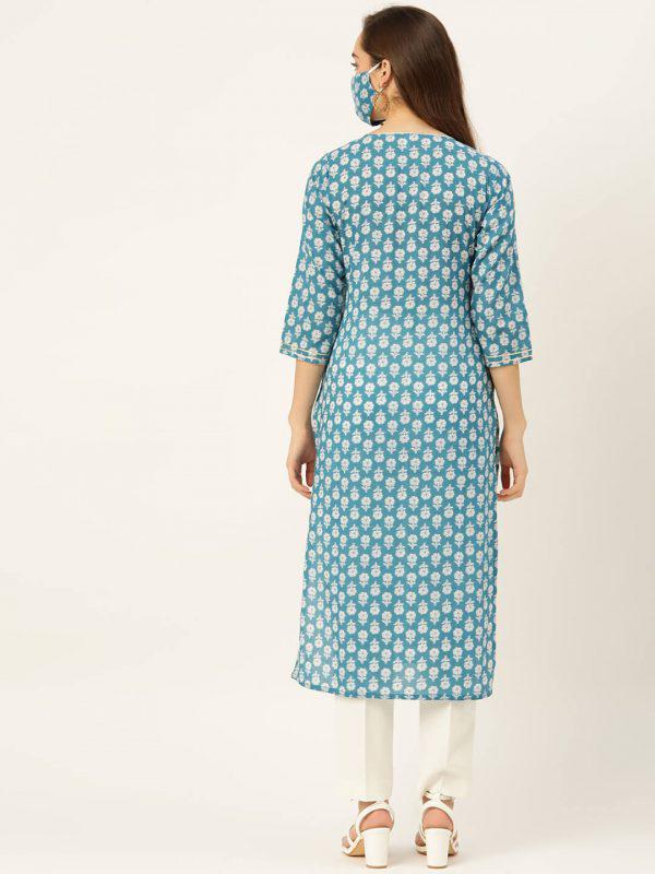 Pure Cotton Handwork Blue Straight Kurta (W1153)