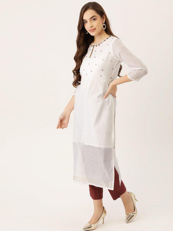 Pure Cotton Chanderi Ethnic White Kurta With Trouser (W1156)