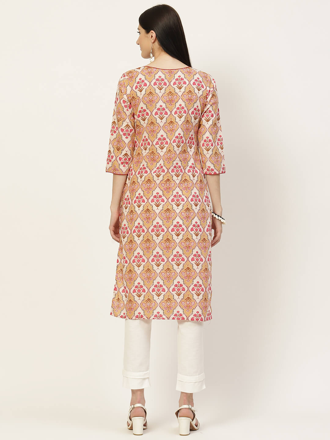 Pure Cotton Floral Printed Beige Straight Kurta (W1301)