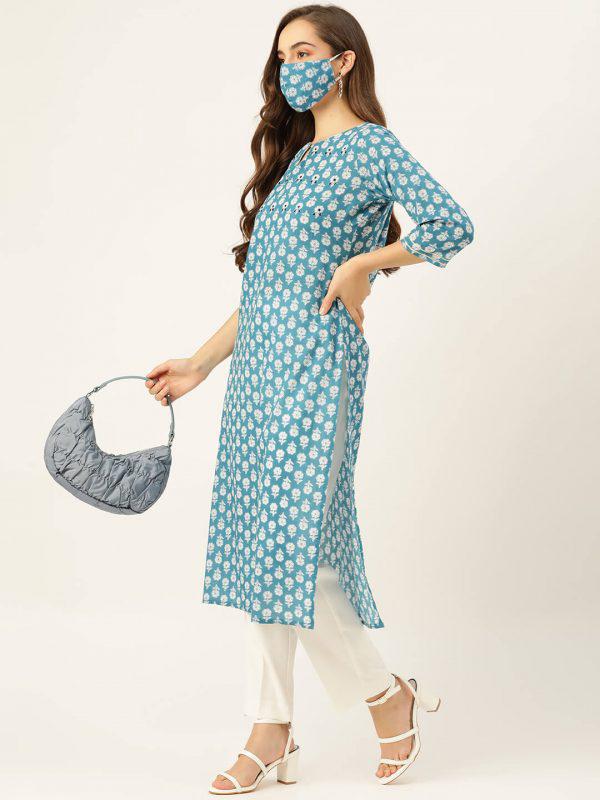 Pure Cotton Handwork Blue Straight Kurta (W1153)