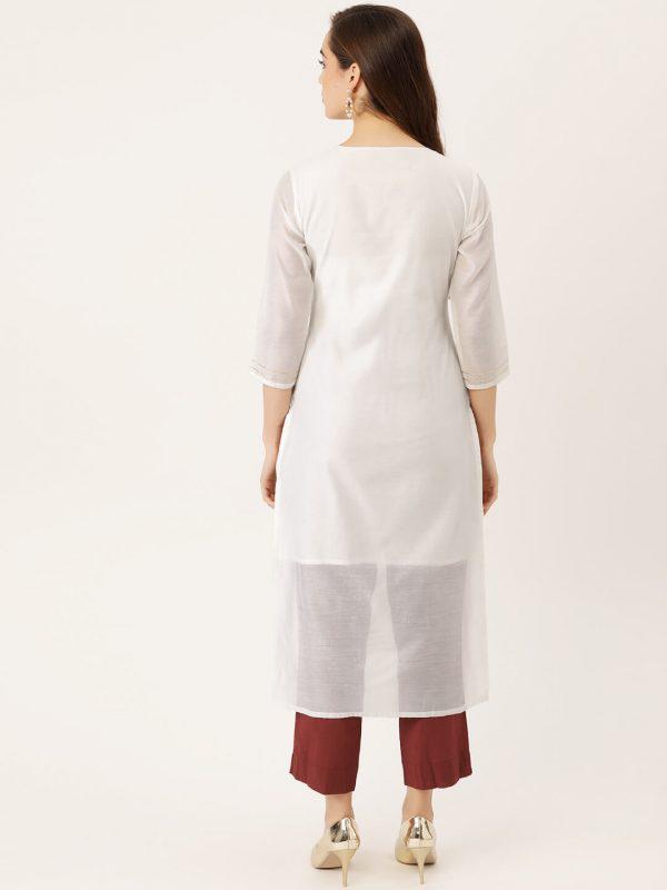 Pure Cotton Chanderi Ethnic White Kurta With Trouser (W1156)