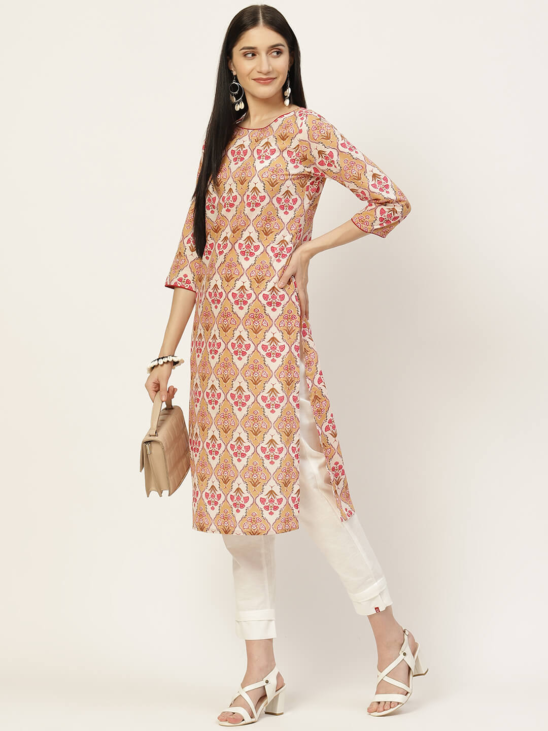 Pure Cotton Floral Printed Beige Straight Kurta (W1301)