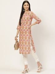 Pure Cotton Floral Printed Beige Straight Kurta (W1301)